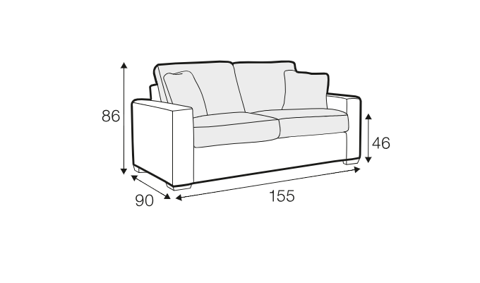 Dessin au trait d'un canapé à deux places dont les dimensions sont les suivantes : hauteur 86 cm, hauteur d'assise 46 cm, profondeur 90 cm, largeur 155 cm. Canape Paris by Atelier Bis