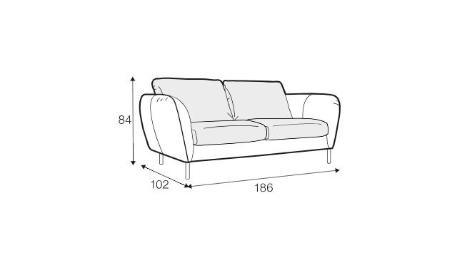 Dessin au trait d'un canapé dont les dimensions sont les suivantes : 84 cm de hauteur, 102 cm de profondeur et 186 cm de largeur : 84 cm de hauteur, 102 cm de profondeur et 186 cm de largeur. Canape Paris by Atelier Bis