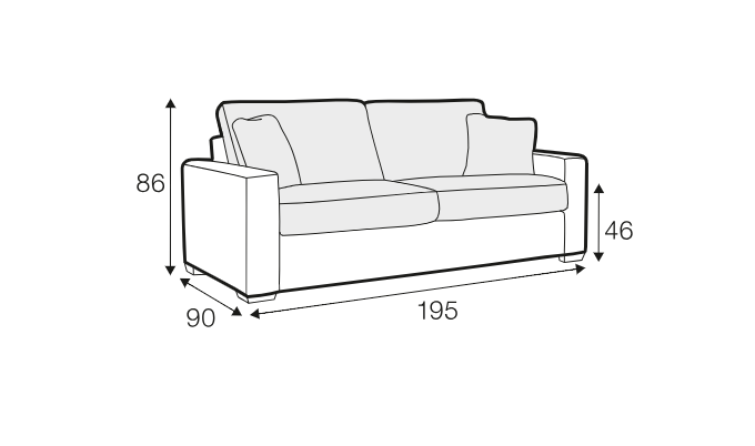 Dessin au trait d'un canapé dont les dimensions sont les suivantes : 195 cm de largeur, 90 cm de profondeur, 86 cm de hauteur et une hauteur d'assise de 46 cm. Canape Paris by Atelier Bis