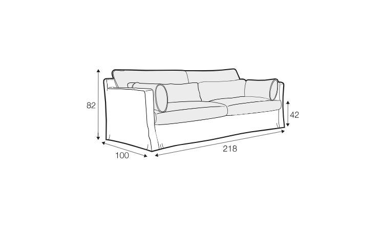 Dessin au trait d'un canapé aux dimensions étiquetées : 82 cm de haut, 218 cm de large, 100 cm de profondeur, hauteur d'assise 42 cm. Canape Paris by Atelier Bis