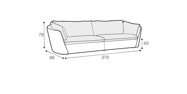 Dessin au trait d'un canapé dont les dimensions sont les suivantes 270 cm de largeur, 99 cm de profondeur, 79 cm de hauteur, hauteur d'assise 43 cm. Canape Paris by Atelier Bis