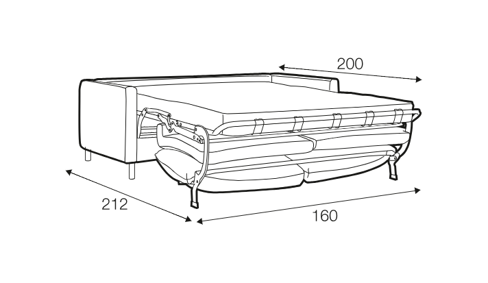 Dessin au trait d'un canapé-lit dont les dimensions sont les suivantes : 212 cm de largeur, 160 cm de profondeur et 200 cm pour la longueur du matelas. Canape Paris by Atelier Bis