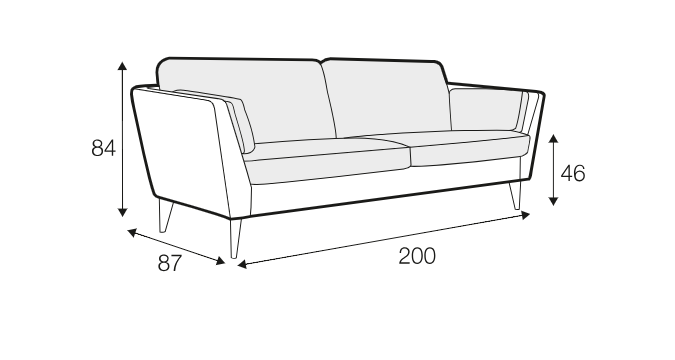 Dessin au trait d'un canapé aux dimensions suivantes : hauteur 84 cm, profondeur 87 cm, largeur 200 cm, hauteur d'assise 46 cm. Canape Paris by Atelier Bis