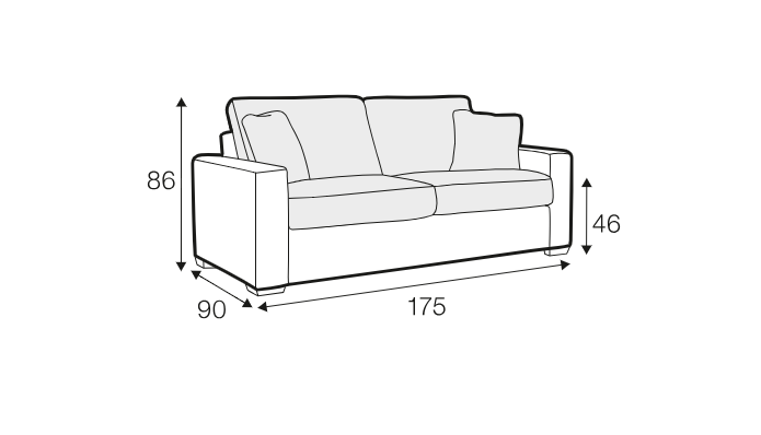 Dessin au trait d'un canapé dont les dimensions sont les suivantes 86 cm de hauteur, 90 cm de profondeur, 175 cm de largeur et 46 cm de hauteur d'assise. Canape Paris by Atelier Bis