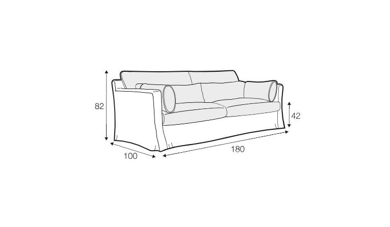 Dessin au trait d'un canapé dont les dimensions sont les suivantes : 82 cm de haut, 100 cm de profondeur et 180 cm de large : 82 cm de hauteur, 100 cm de profondeur et 180 cm de largeur ; la hauteur de l'assise est de 42 cm. Canape Paris by Atelier Bis
