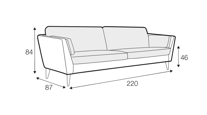 Dessin au trait d'un canapé aux dimensions étiquetées : hauteur 84 cm, profondeur 87 cm, longueur 220 cm, hauteur d'assise 46 cm. Canape Paris by Atelier Bis