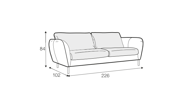 Dessin au trait d'un canapé dont les dimensions sont les suivantes : 84 cm de haut, 226 cm de large et 102 cm de profondeur : 84 cm de haut, 226 cm de large et 102 cm de profondeur. Canape Paris by Atelier Bis