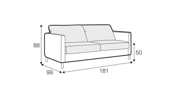 Dessin au trait d'un canapé dont les dimensions sont les suivantes : 88 cm de hauteur, 99 cm de profondeur, 181 cm de largeur et 50 cm de hauteur d'assise. Canape Paris by Atelier Bis