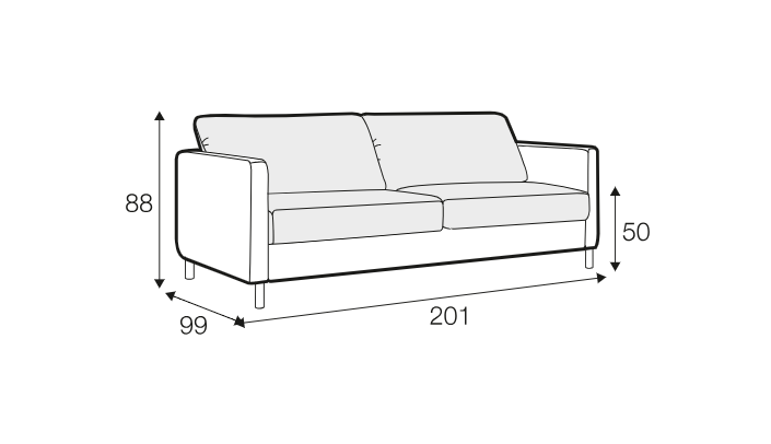 Dessin au trait d'un canapé dont les dimensions sont les suivantes : 88 cm de hauteur, 99 cm de profondeur, 201 cm de largeur et une hauteur d'assise de 50 cm. Canape Paris by Atelier Bis
