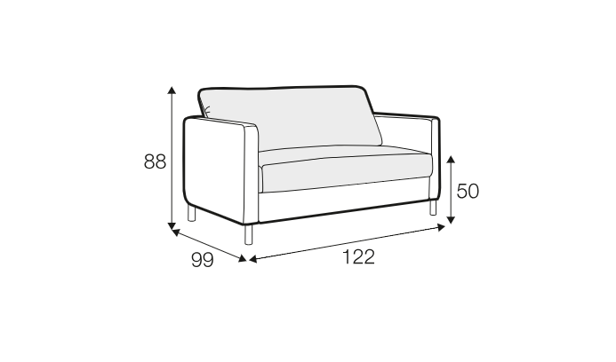 Dessin au trait d'une causeuse dont les dimensions sont les suivantes : 88 cm de haut, 50 cm de hauteur d'assise, 99 cm de profondeur et 122 cm de largeur. Canape Paris by Atelier Bis