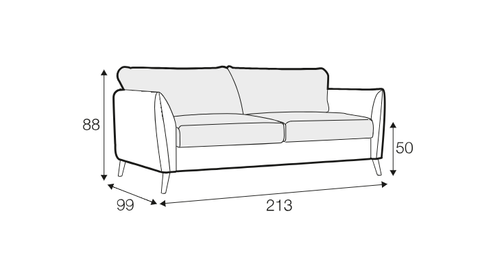 Dessin au trait d'un canapé dont les dimensions sont les suivantes : hauteur 88 cm, hauteur d'assise 50 cm, profondeur 99 cm et largeur 213 cm. Canape Paris by Atelier Bis