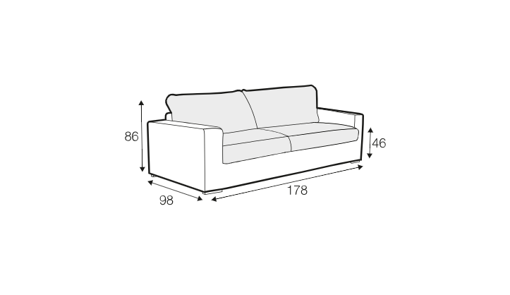 Dessin au trait d'un canapé dont les dimensions sont les suivantes : 86 cm de hauteur, 98 cm de profondeur et 178 cm de largeur : 86 cm de hauteur, 98 cm de profondeur et 178 cm de largeur, hauteur d'assise 46 cm. Canape Paris by Atelier Bis