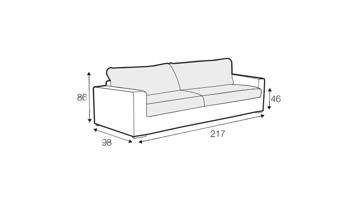 Dessin au trait d'un canapé dont les dimensions sont les suivantes : 217 cm de largeur, 98 cm de profondeur, 86 cm de hauteur et 46 cm de hauteur d'assise. Canape Paris by Atelier Bis
