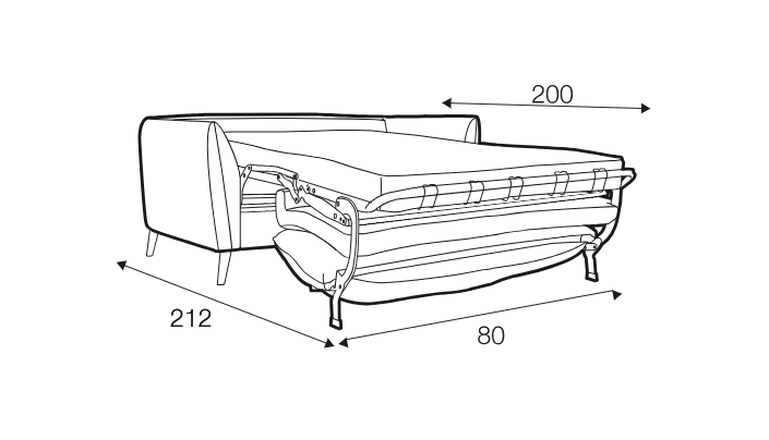 Dessin au trait d'un canapé-lit escamotable dont les dimensions sont les suivantes : 212 cm de long, 200 cm de large et 80 cm de profondeur : 212 cm de long, 200 cm de large et 80 cm de profondeur. Canape Paris by Atelier Bis