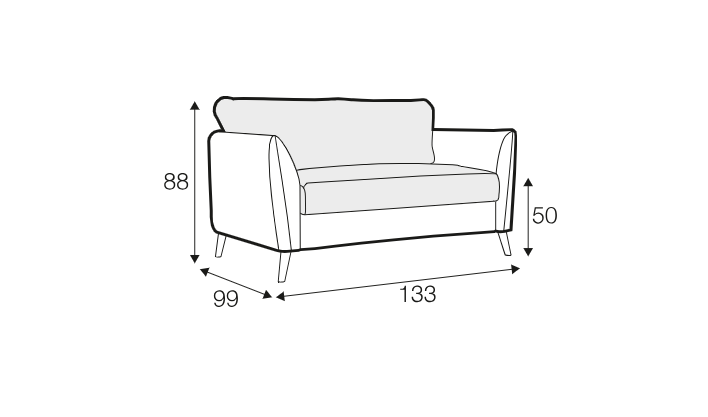 Dessin au trait d'un canapé aux dimensions étiquetées : hauteur 88 cm, hauteur d'assise 50 cm, profondeur 99 cm, largeur 133 cm. Canape Paris by Atelier Bis