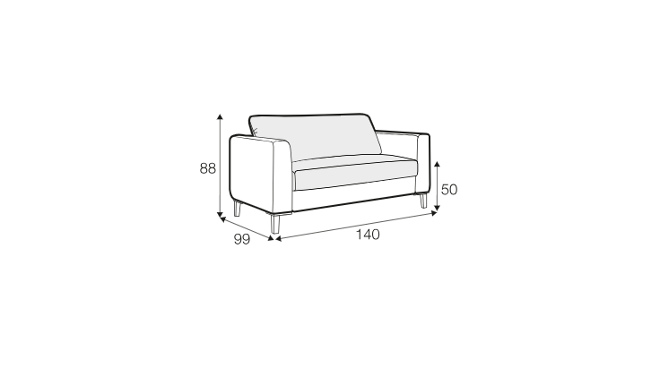 Dessin au trait d'un canapé dont les dimensions sont les suivantes : 140 cm de largeur, 99 cm de profondeur, 88 cm de hauteur et 50 cm de hauteur d'assise. Canape Paris by Atelier Bis