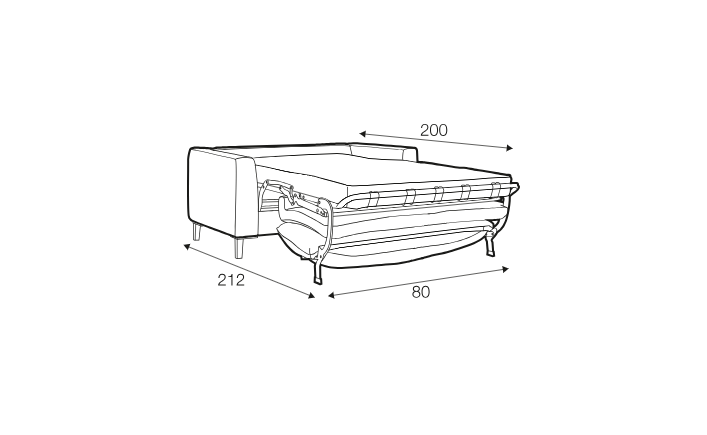 Dessin au trait d'un canapé-lit aux dimensions suivantes : largeur 200 cm, profondeur 212 cm et largeur du matelas 80 cm. Canape Paris by Atelier Bis